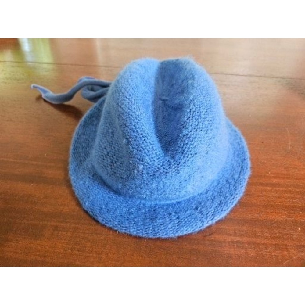 Vintage Knit Cloche Bucket Hat Women Blue Fuzzy Tie Detail Wool Blend